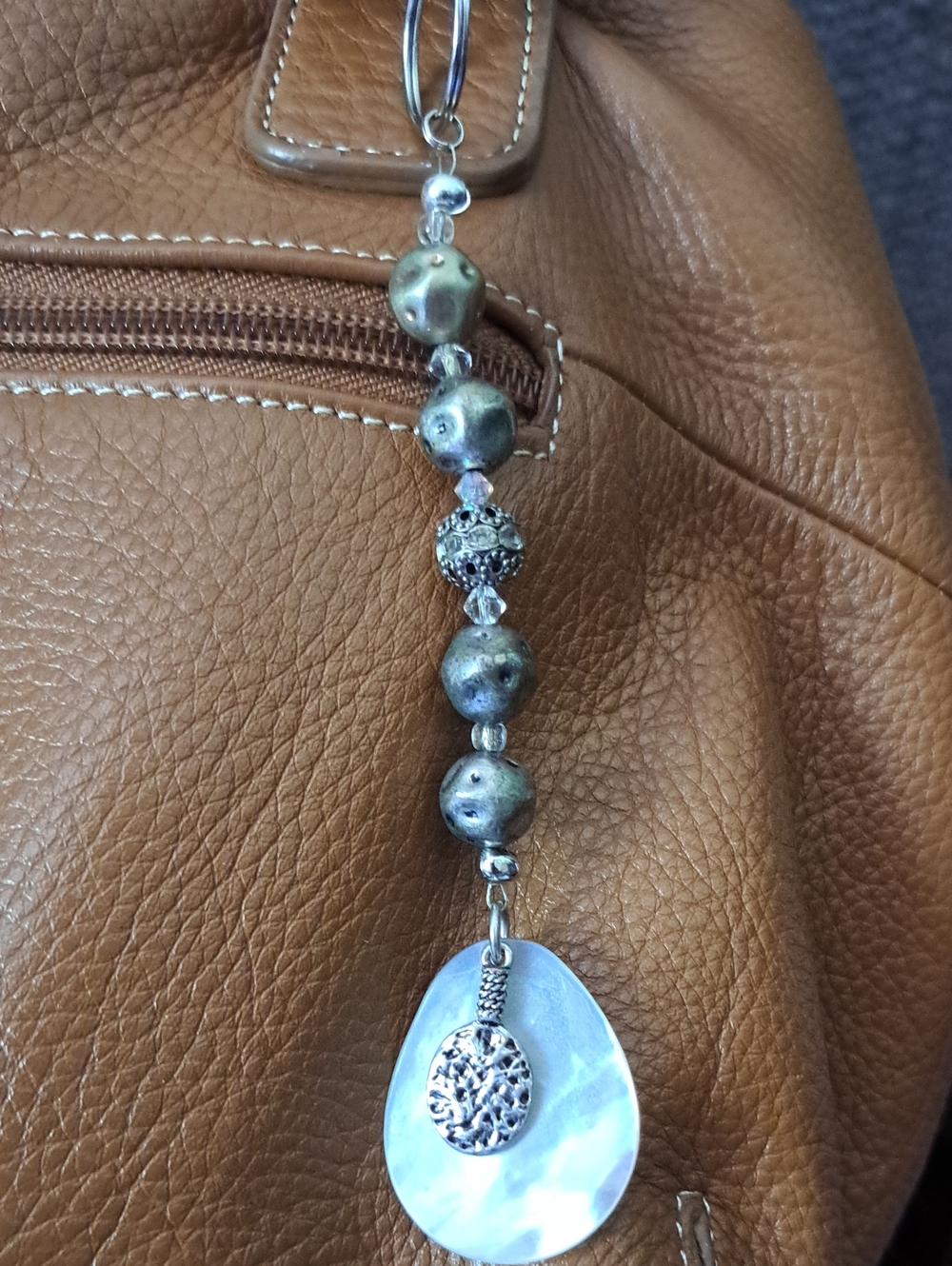 Handcrafted Silver and Pearl Drop Pendant Keychain - Iridescent White